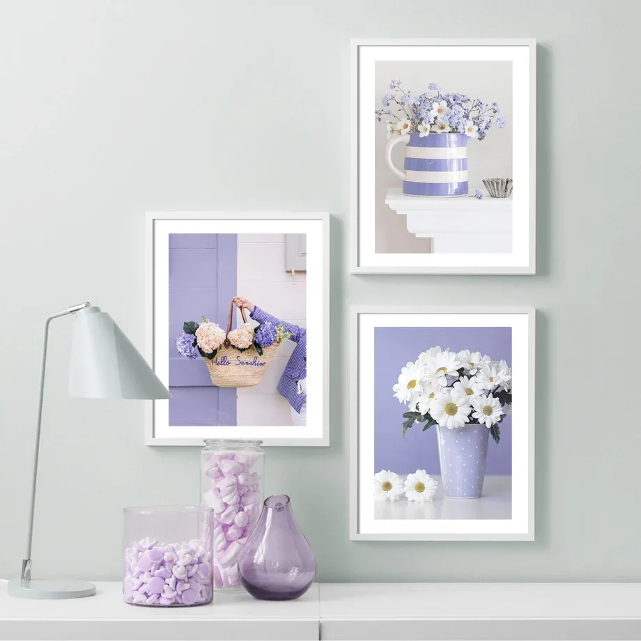 Torre de París, jarrón de hortensia púrpura, arte de pared de bicicleta, impresión estética, pintura en lienzo, carteles para sala de estar, decoración moderna del hogar