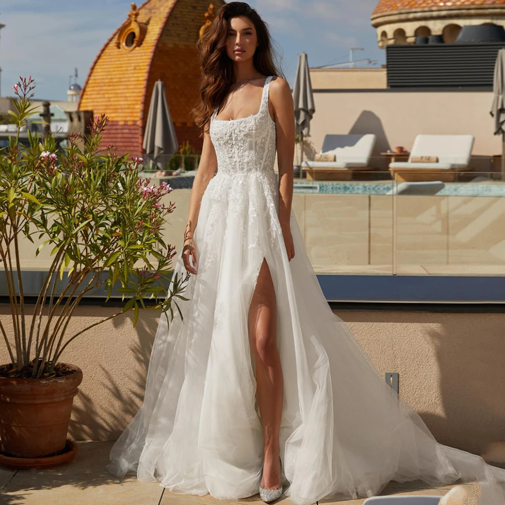 Wedding Dress 2025 Sexy Square Neck Sleeveless Illusion Corset Bridal Gown Sweep Train Split Bride Dresses Backless Robe Mariee