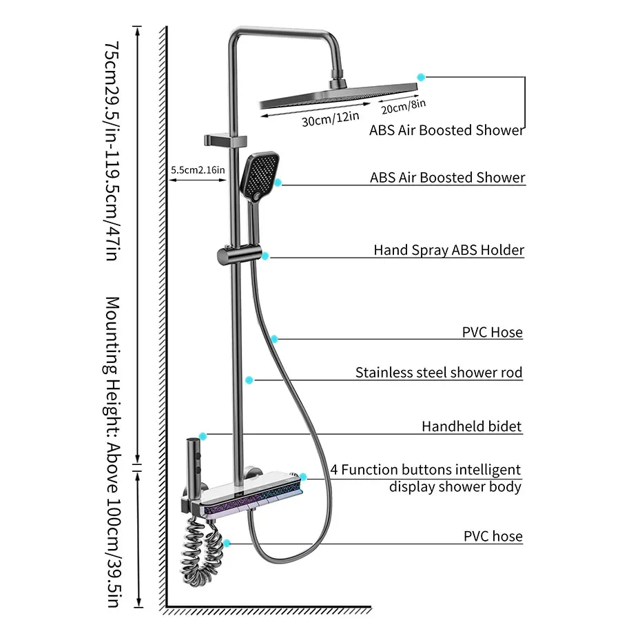 12 Inch Shower Set Digital Display LED Wall Mounted Hot & Cold Faucet Mixer Rain Shower Bathroom Smart Shower Set