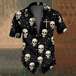 Camisas de calavera para hombre, camisa informal de manga corta para hombre, ropa con estampado blanco y negro, solapa holgada de gran tamaño, Top de verano