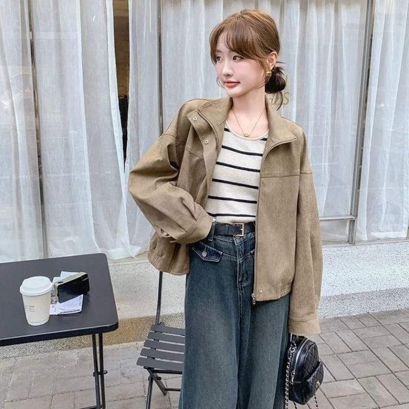 

2025 Spring Summer Khaki Cropped Jacket for Petite Sizes Loose Fit Youthful Style Lightweight Windbreaker for Everyday Outfits