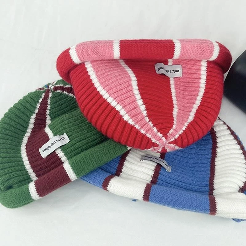 الكورية الأزياء مخطط جولة محبوك قبعة الشتاء قبعة صغيرة محبوكة توالت الكفة ميناء القبعات قبعة سكولي كاب في الهواء الطلق #5