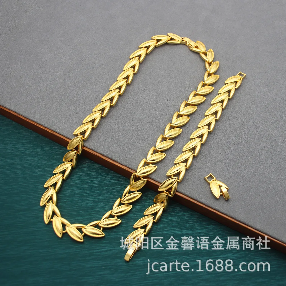 Vintage Style Plain Gold Necklace Bracelet Set Gold Wheat Ear Brushed Gold Plated Necklace Antique Jewelry