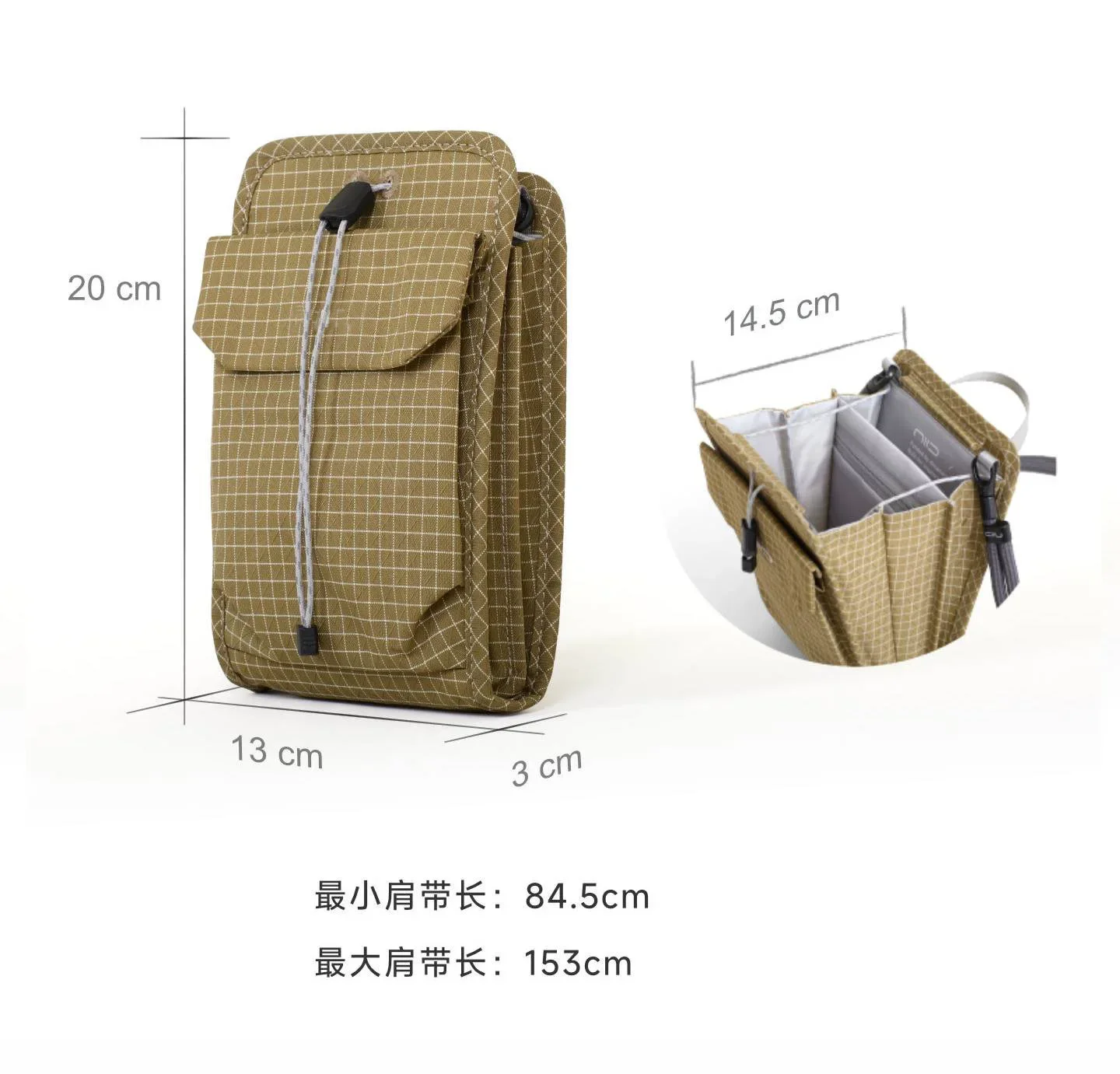 Mehrfach-Taschen-Akkordeon-EDC-Slingbag mit Kordelzugverschluss, leichte Reise-Handytasche – Detail 9