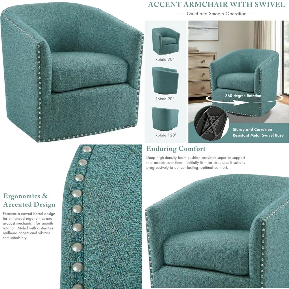 Swivel Barrel Accent Chair with Upholstered Curved Back, 7-Inch Thick Cushion, 360° Rotation, Nailhead Trim