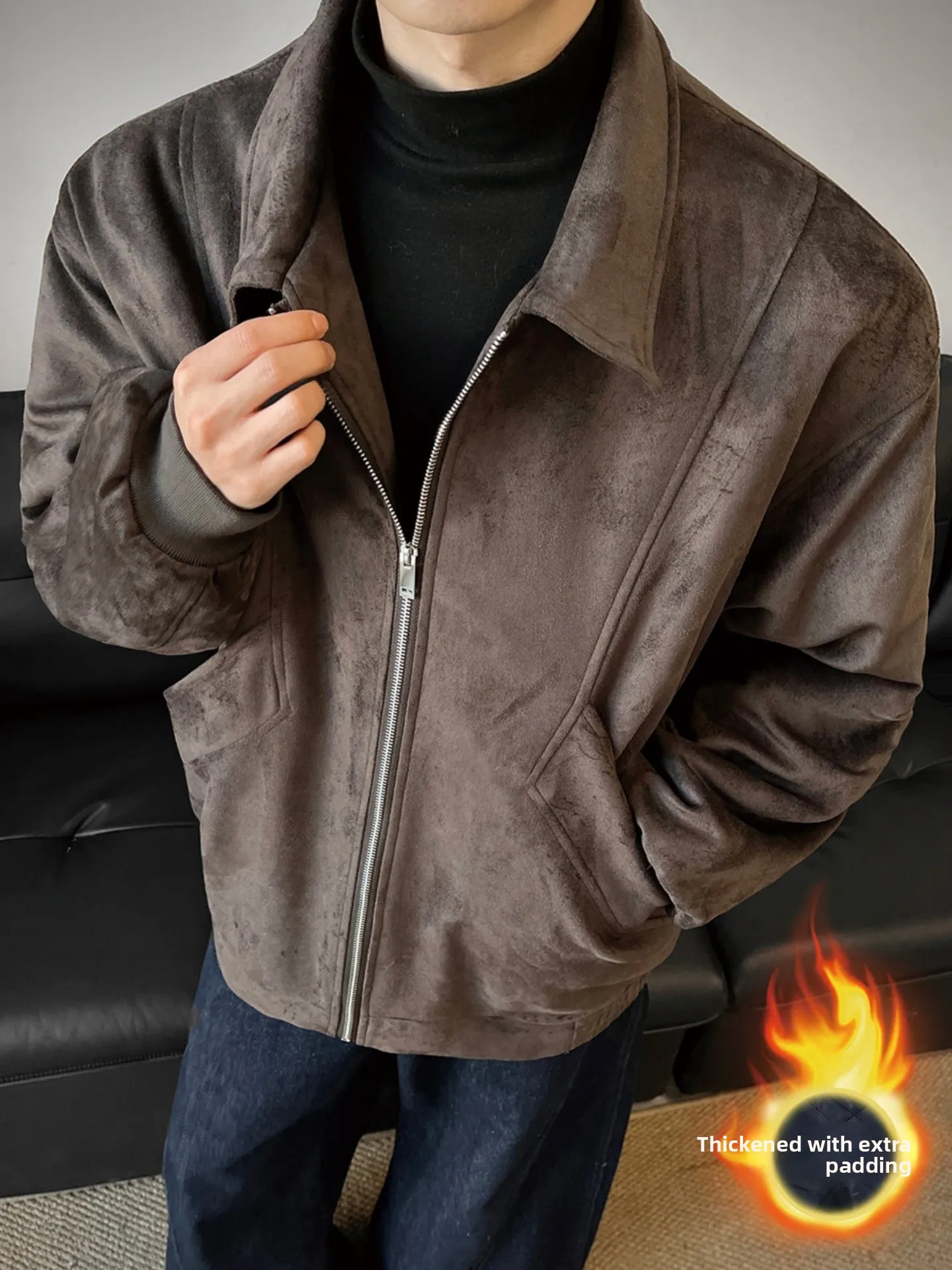 

Thiened Brown Suede Collar Jaet Cotton Clothes Men Winter Cleanfit Harlington Cotton Coat Outerwear Youth Casual Long Sve