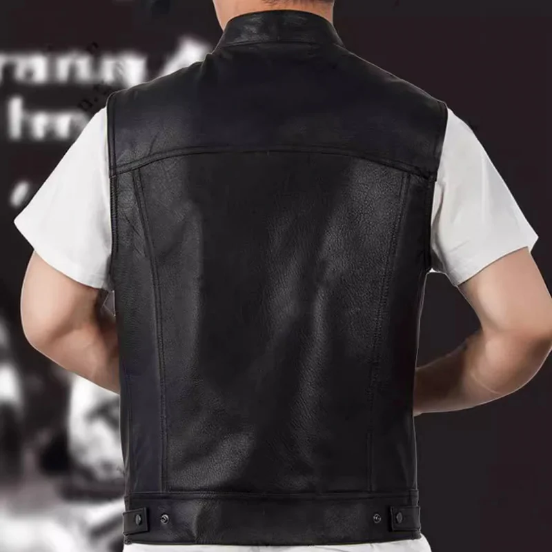 Men's Fashion Casual Leather Waistcoat Trendy Leather Suit Vest Men's Single-Breasted Cardigan Pocket Stand Collar Coat Men