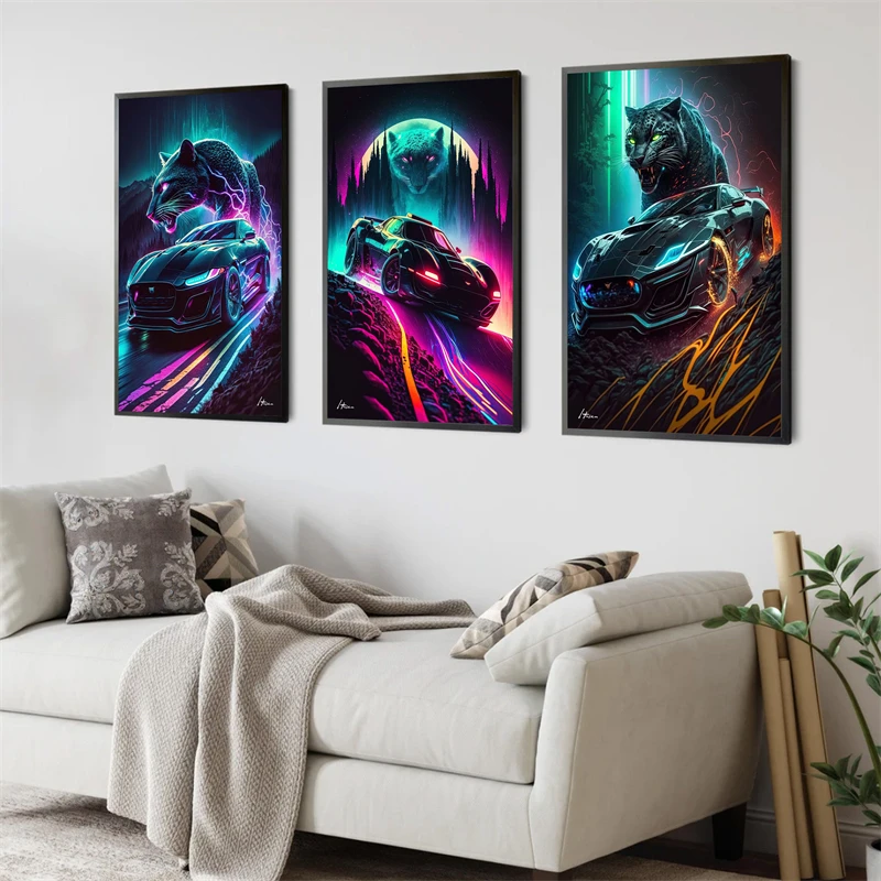 Japan Neon Cyberpunk Animal Car Poster Aesthetics Wolf Super Sports Car Fuji Canvas Painting Wall Art Home Driver Room Decor