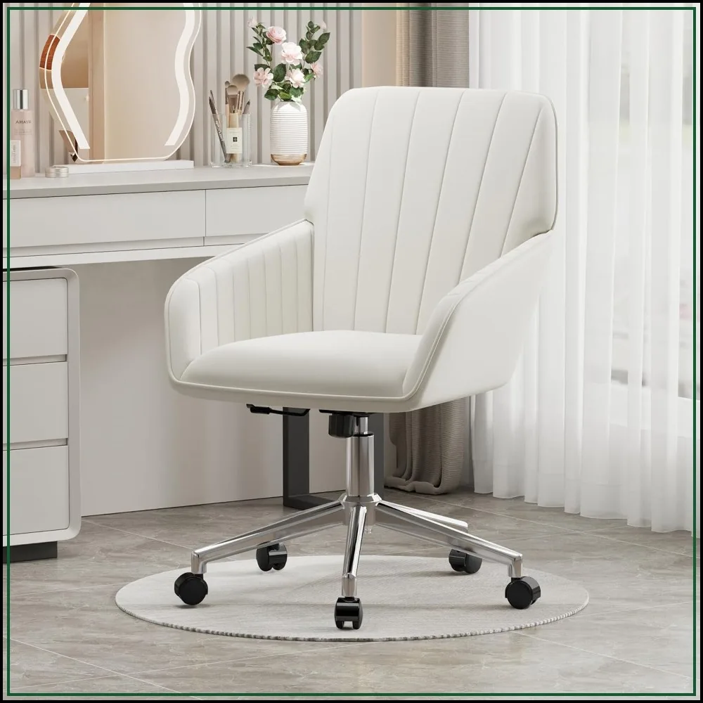 Velvet Office Desk Chair w/ Silver Base, Wheels, Adjustable Height, 360 Swivel, Arms, Cream