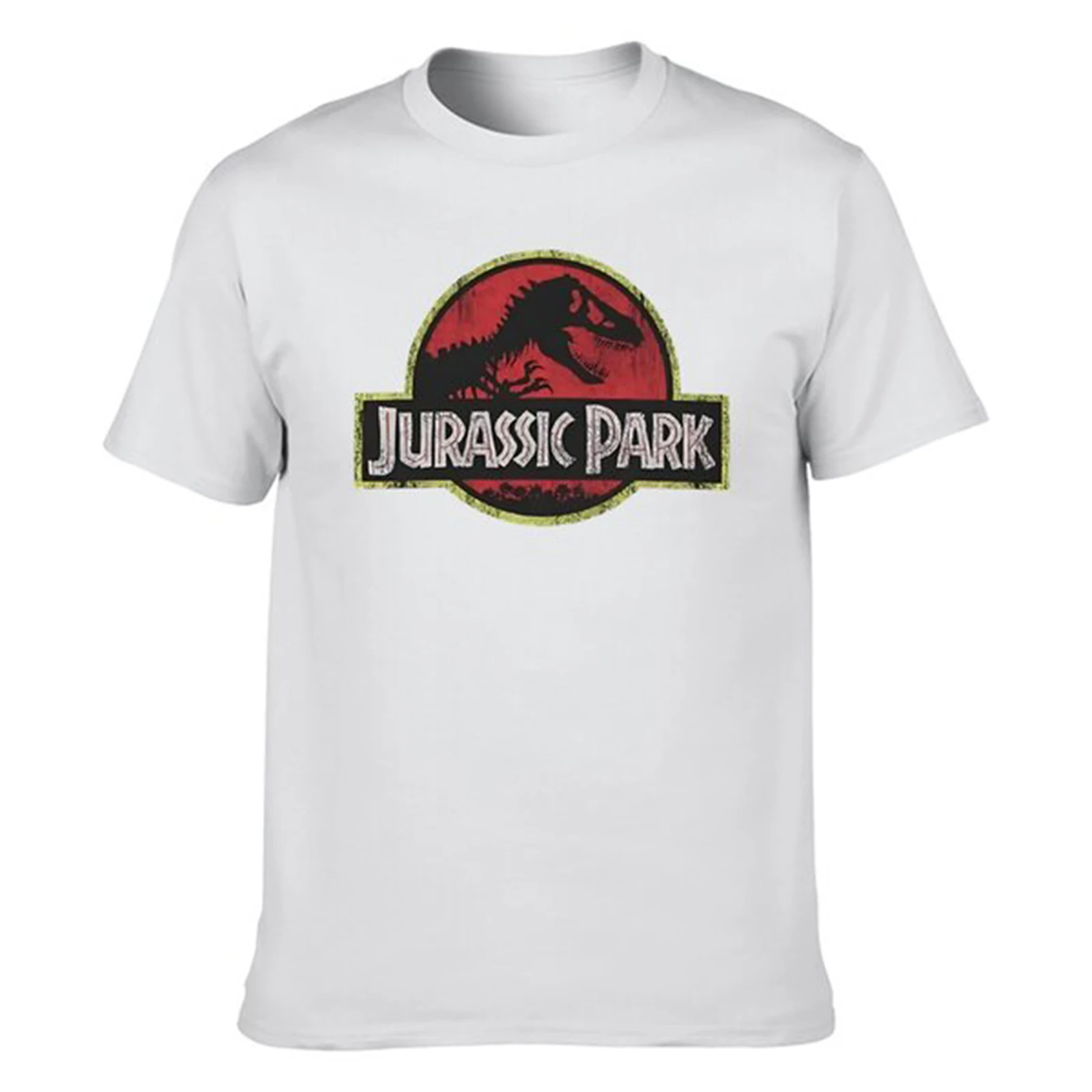 Summer New Jurassic Park Classic Retro Red Distressed Logo T-Shirt Tee shirt vintage clothes plain white men Short Sleeve Male