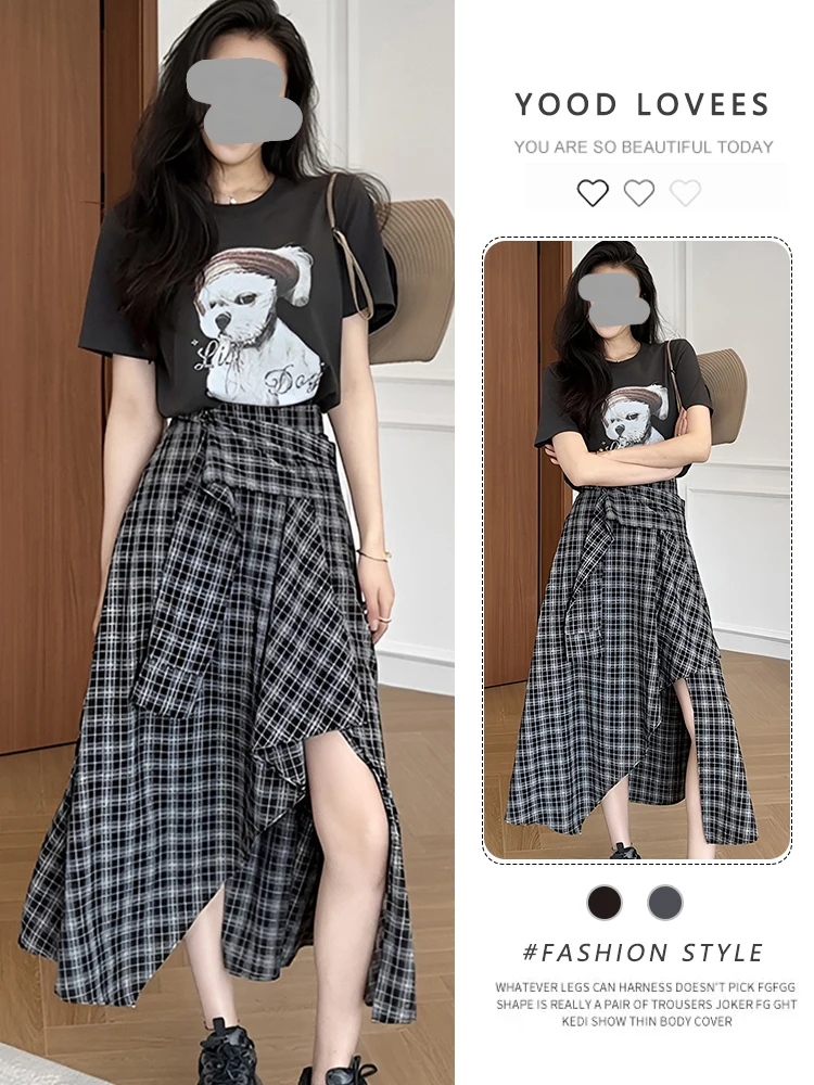 

Summer 2026 Women's Slim Fit Printed Short Sleeve T-Shirt Top with Plaid Skirt Set Fashionable Casual Outfit round Neck