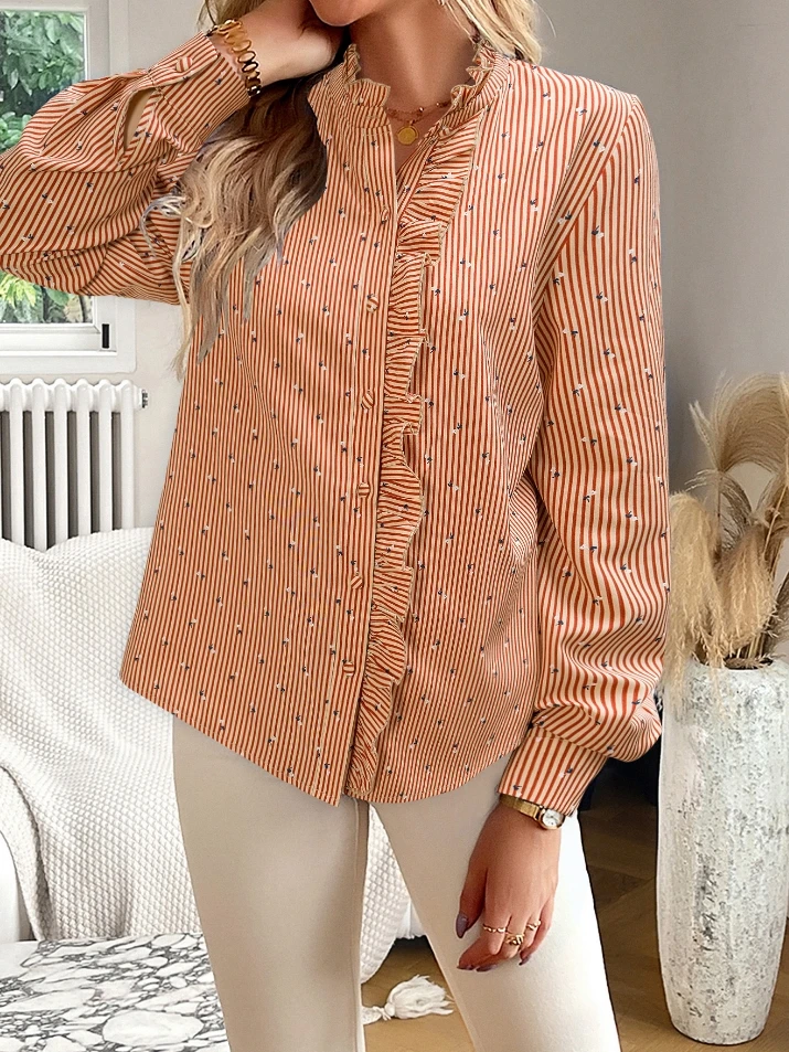 Single Breasted Contrasting Striped Printed Shirt with Ruffle Edge Stand Up Collar for Women's Commuting Long Sleeved Top