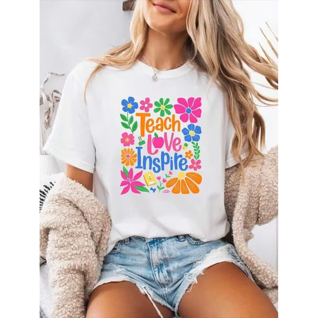 New Summer 2026 Collection 1pack Floral Teacher Print Spring Summer Casual Short Sleeve Round Neck Sporty Top For Women, Free Shipping.