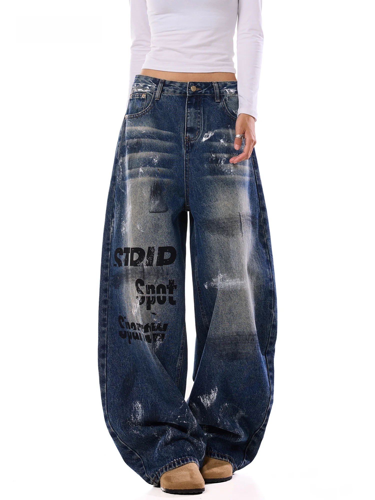 American Style Graffiti Dyeing Wide Leg Pants Women Loose Slimming Pure Cotton Denim Trousers Autumn Season High Waist Zipper...