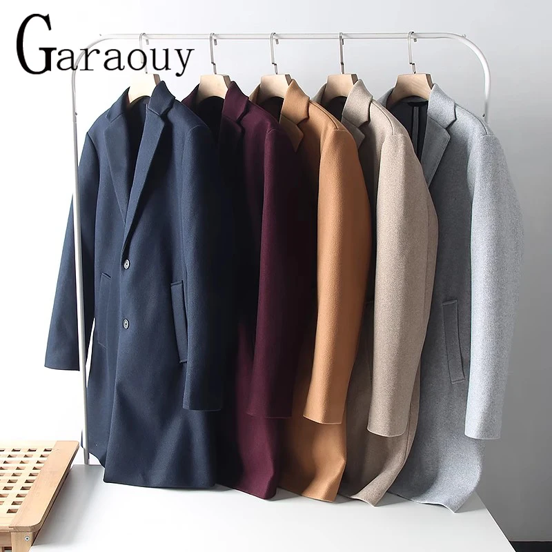 Garaouy 2024 Spring Men Solid Lapel Single Breasted Blazer Woolen Coat Male Business Mid Length Trench Jacket Outwear Overcoat