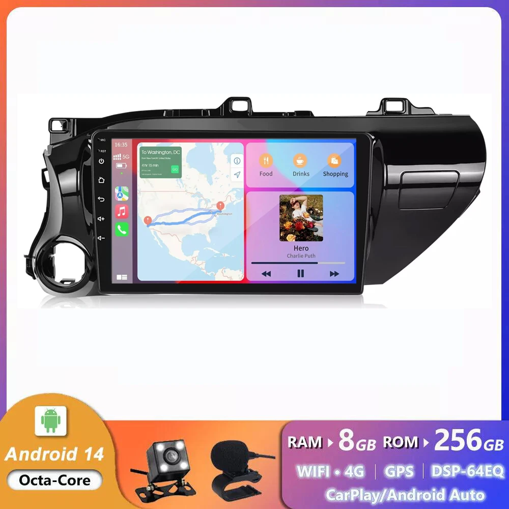 

Android 14 GPS Navigation Android Auto Car Video Multimedia Player for Toyota Hilux Pick Up AN120 2015 - 2020 IPS Touch Screen