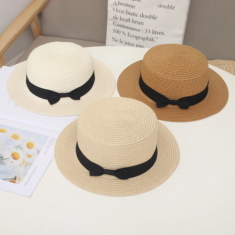 COKPanama Simple Summer Beach Sun Protection Bowknot French-style Small Hat Women's Casual Flat-Brimmed Straw Hat with Bow