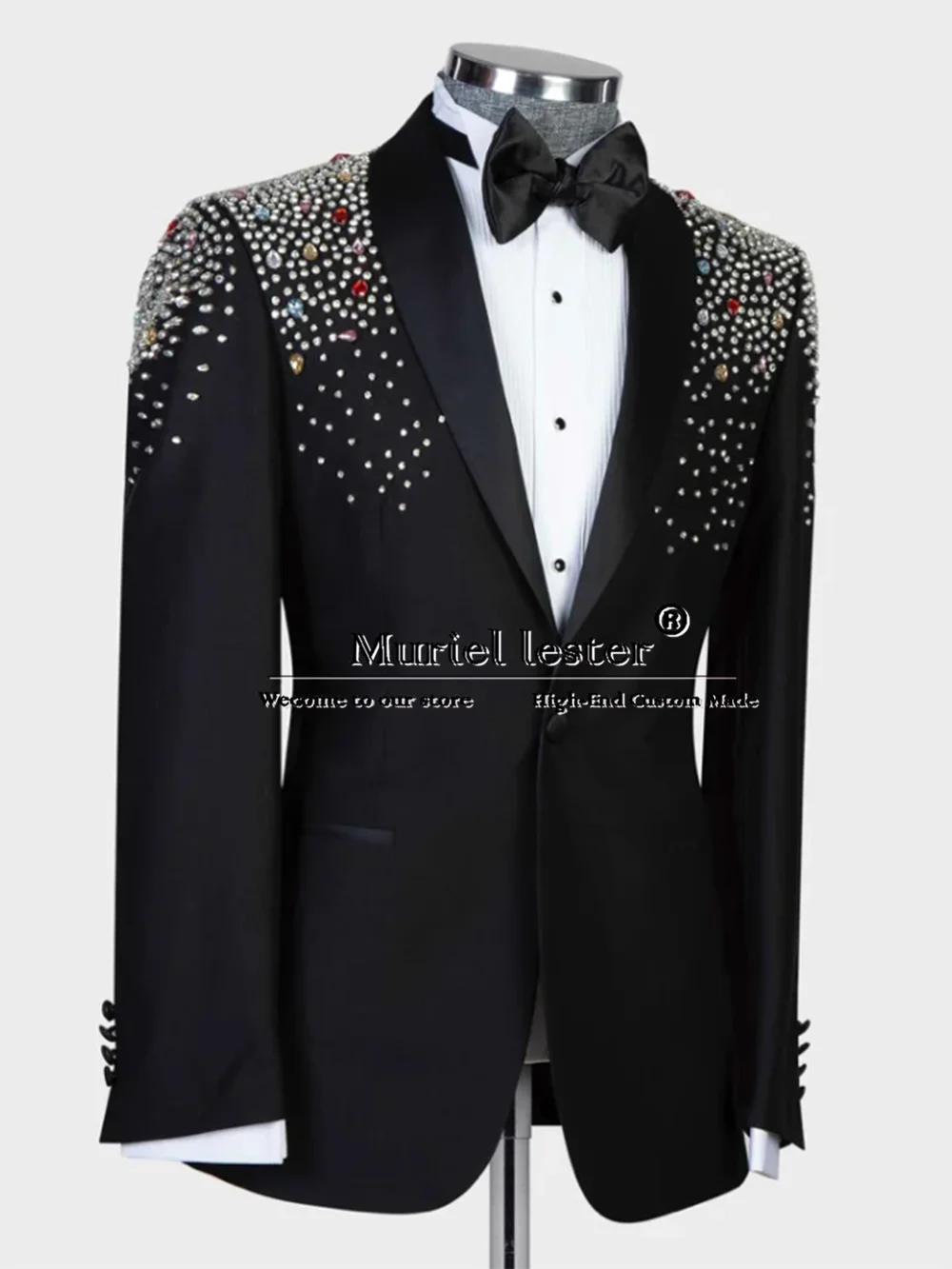 Colorful Crystals Beaded Suits Men For Wedding Tailored Made Black Shawl Lapel Jacket Pants 2 Pieces Bridegroom Tuxedo Clothing