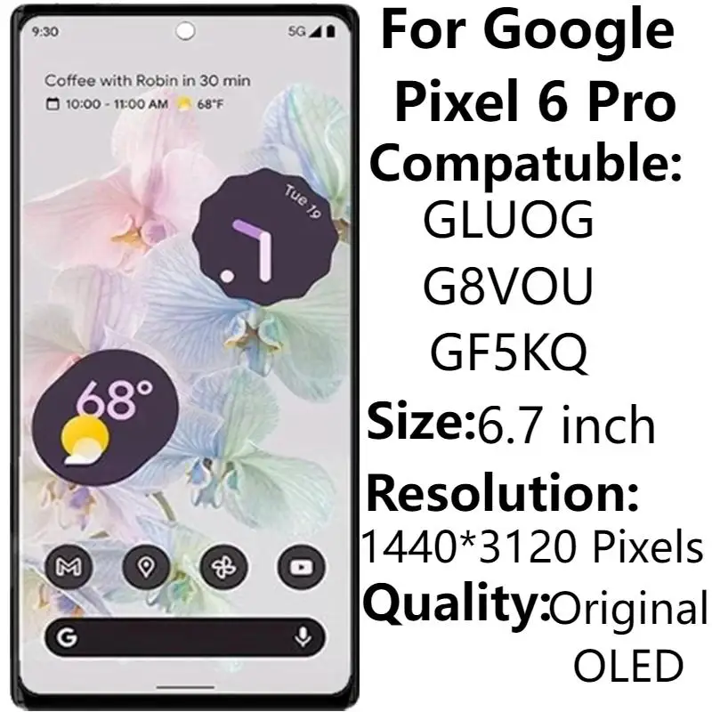 

6.7" Original OLED For Google Pixel 6 Pro GLUOG G8VOU GF5KQ LCD Display With Frame Touch Screen Digitizer Assembly Repair Parts