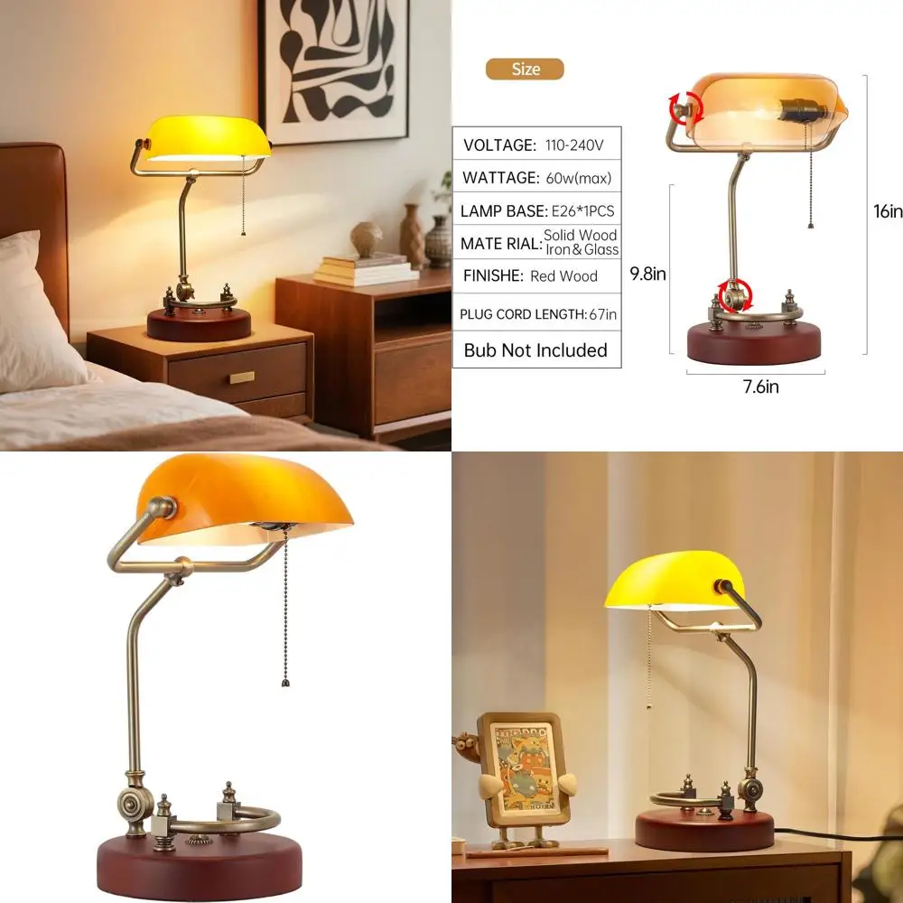 

Vintage Orange Glass Desk Lamp with Birch Wood Base and Pull Chain Switch, E26 Socket, Suitable for Home Office or Study Room