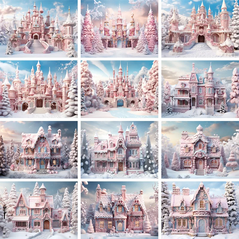 

Merry Christmas Party Backdrop Pink Castle Winter Forest Inside House And Castle Girl Portrait Photo Photography Backgrounds