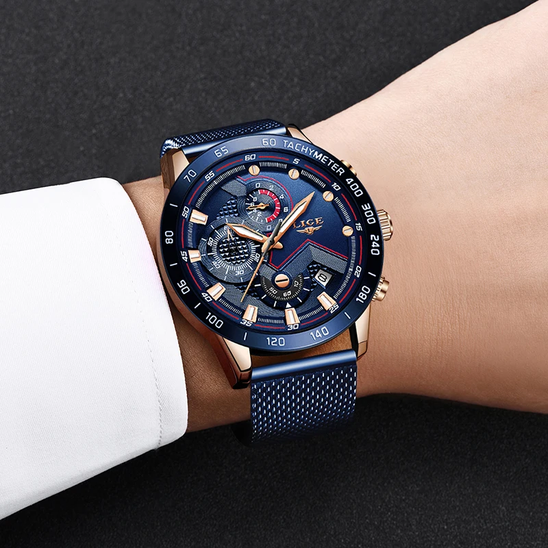 LIGE Top Brand Luxury Quartz Man Watch Fashion Business Mesh Belt Watch for Men Waterproof Luminous Wristwatch Chronograph Clock