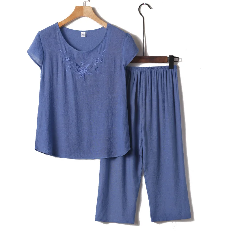 

Loose Cotton Linen Set for Older Women Short Sleeve Two Piece Suit Grandmother Comfortable Home Clothes Sleepwear Set