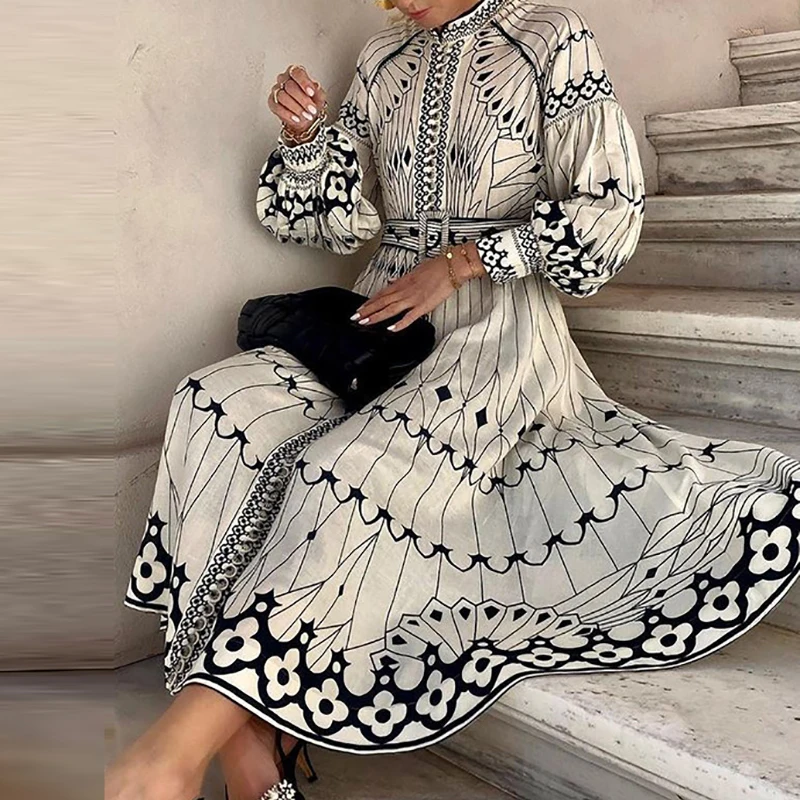 Retro Elegant Stand Collar Long Dress Women Spring Pattern Print Belted Buckle Party Dress Autumn Long Sleeve A-Line Boho Dress