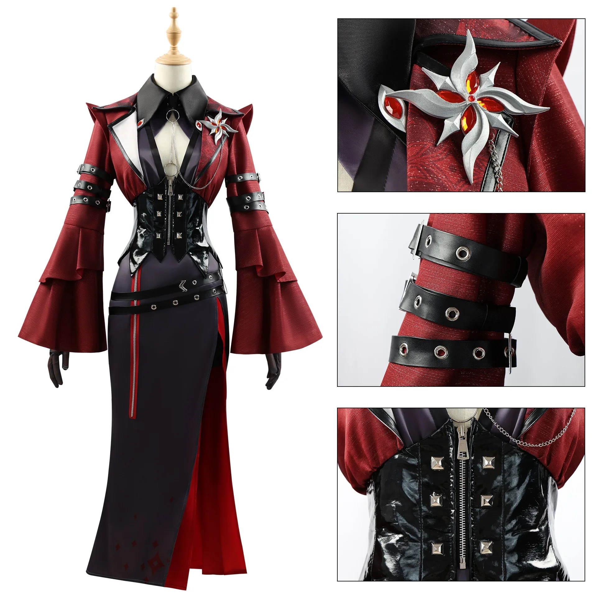 Genshin Impact Arlecchino Cosplay Costume pour femme, robe de nuit rouge, tenues de perruque, fête de carnaval de Noël, uniforme de jeu en plis