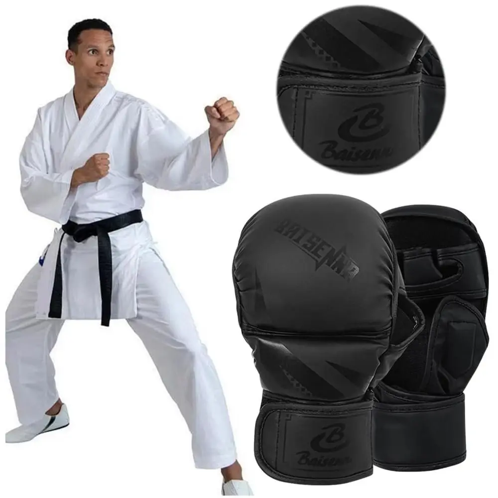 

Боксерские перчатки из искусственной кожи для взрослых, амортизирующие перчатки для ММА с открытой ладонью, поддержка запястья, губка высокой плотности