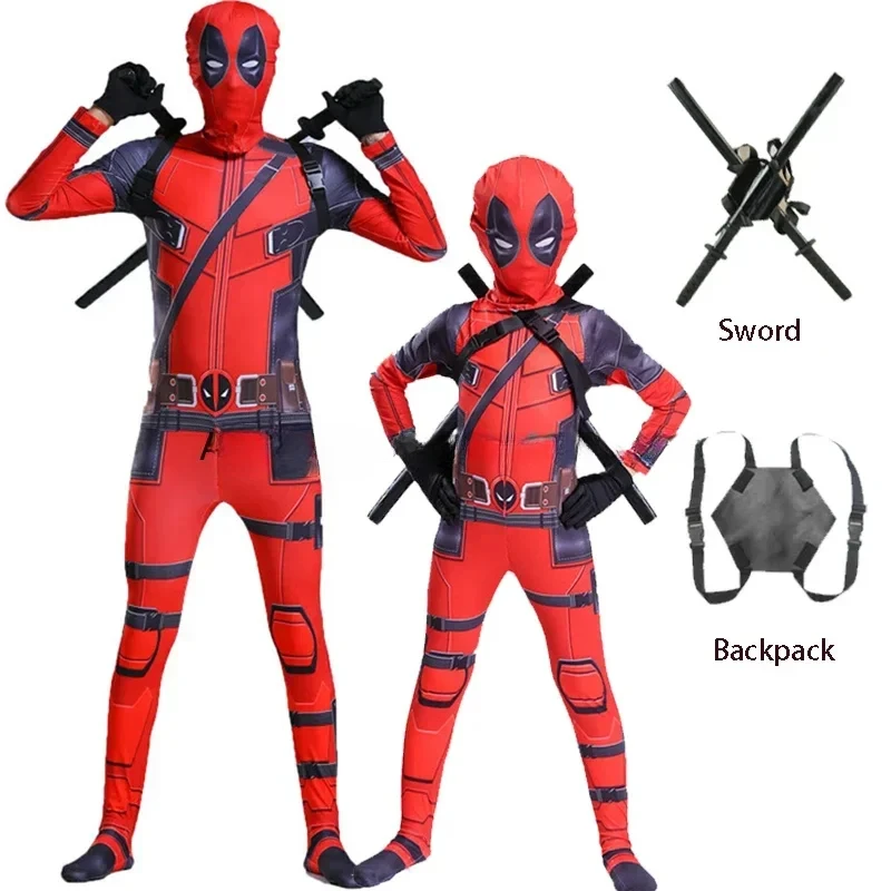 Adult Deadpool Costume Men Women Kids Cosplay Mask Suit Jumpsuit Backpack Knif Accessories Superhero Halloween Costume Child