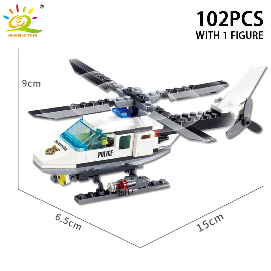 HUIQIBAO 102Pcs City Police Helicopter Model Building Blocks Set With 1 Figure Bricks Educational Toys For Children Boys Gift