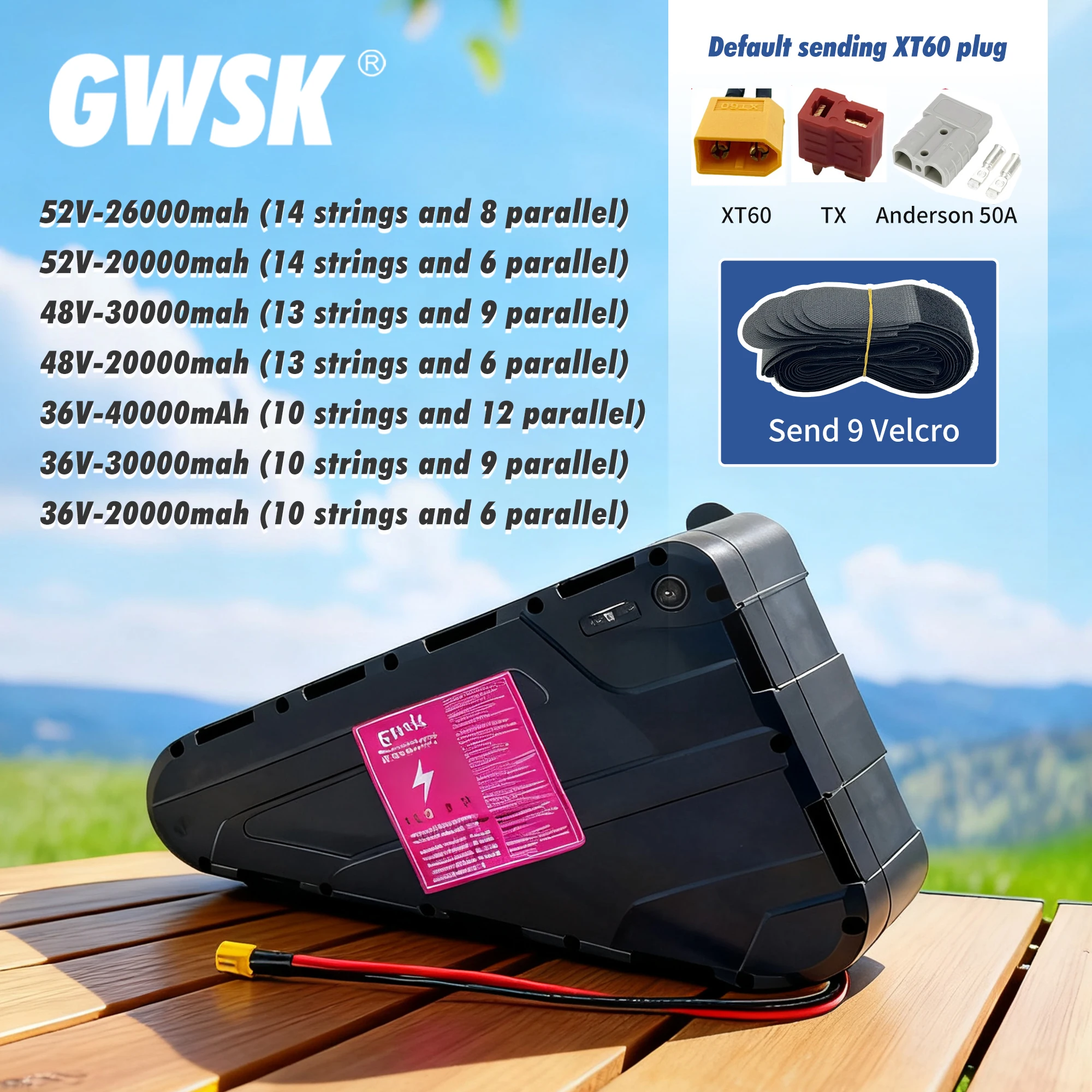 

52V48V36V， 100% capacity, fast air transportation, waterproof hard shell triangular battery, charge display+BMS