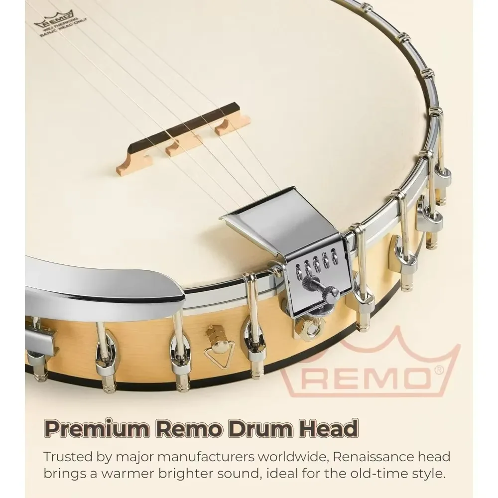 Open 5 String Full Size, Clawhammer Banjo Starter Kit with Renaissance Remo Head Maple Banjo  Gear 5th TunerStringed Instruments