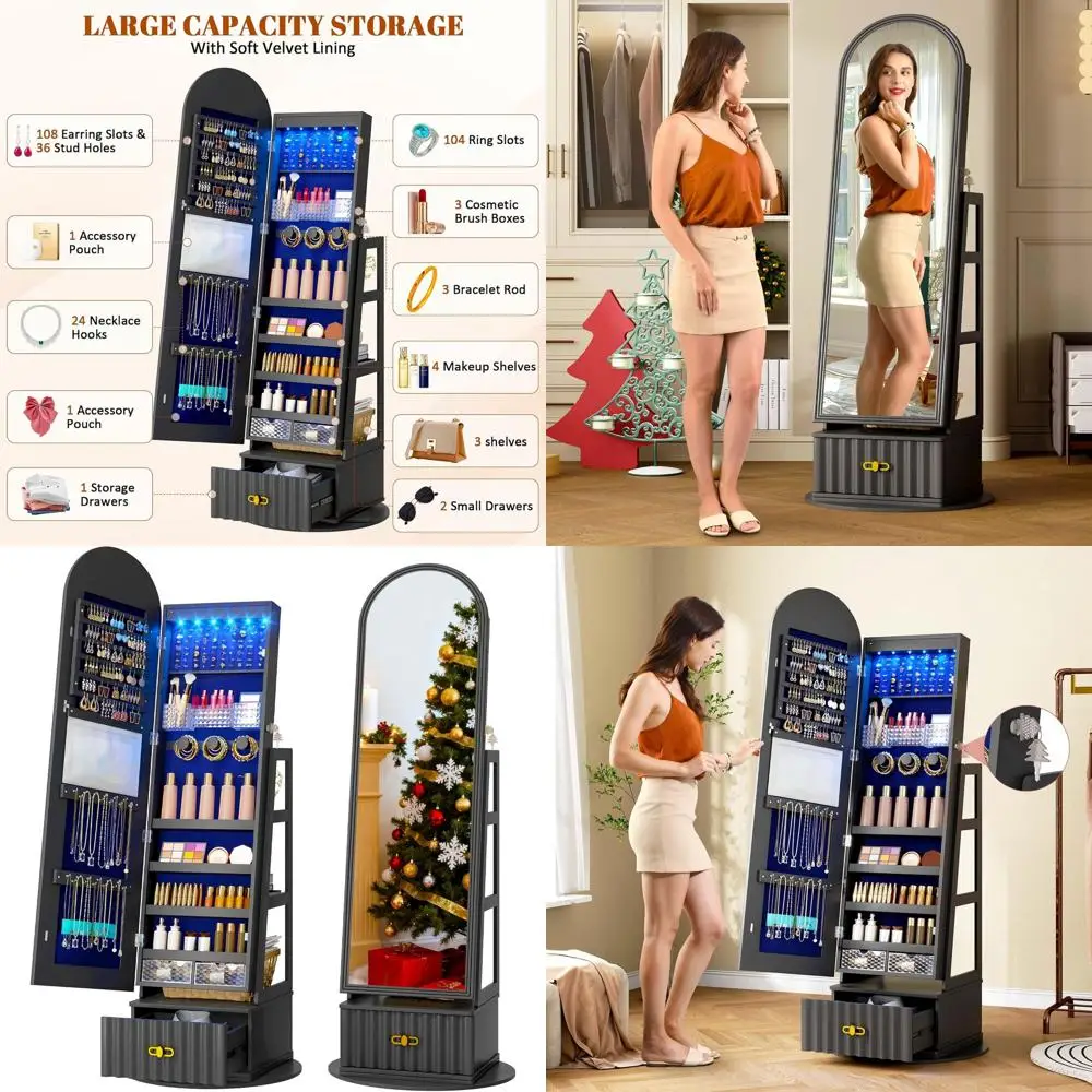 

63 Standing Jewelry Cabinet with Full-Length Mirror and Storage, Rotating Organizer, Lockable Velvet-Lined Armoires for Women
