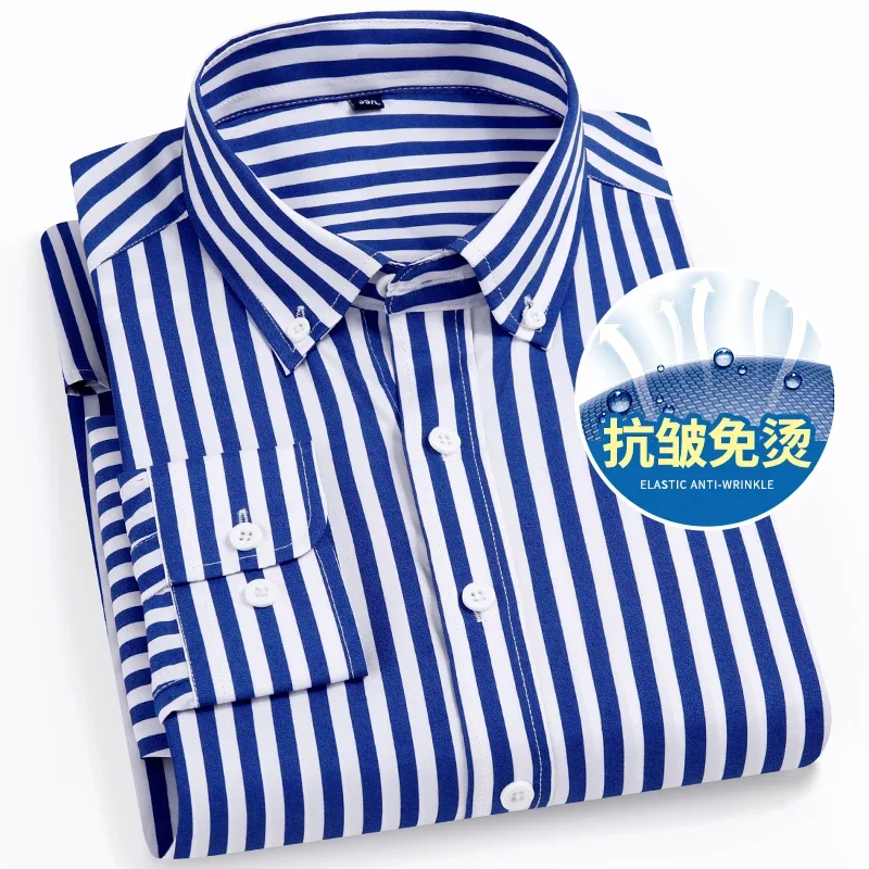 Men\'s Long Sleeve Casual Shirts No Iron Striped Button Up Square Collar Soft Skin New Style Daily Business Dress Shirts Clothing