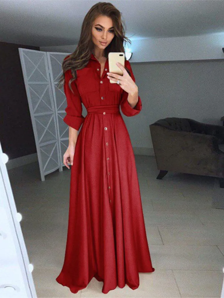 

2024 Autumn Winter New Women's Solid Color Slim Fit Long Sleeved Fashionable Single Breasted Lace Up Waist Length Dress