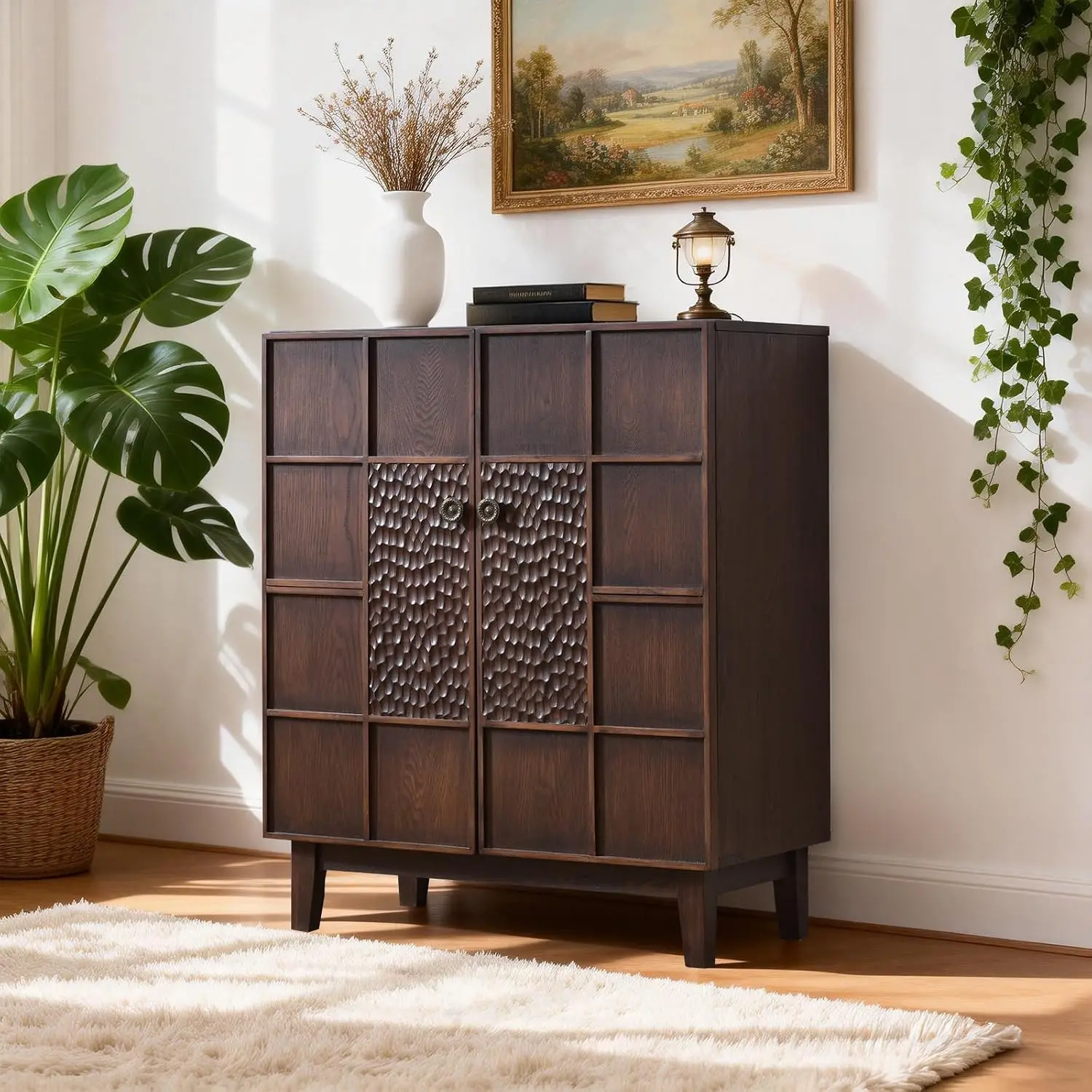 Mid-Century Modern Accent Cabinet Textured Doors 4-Cube Walnut Wood Storage Living Room Entryway 31.5