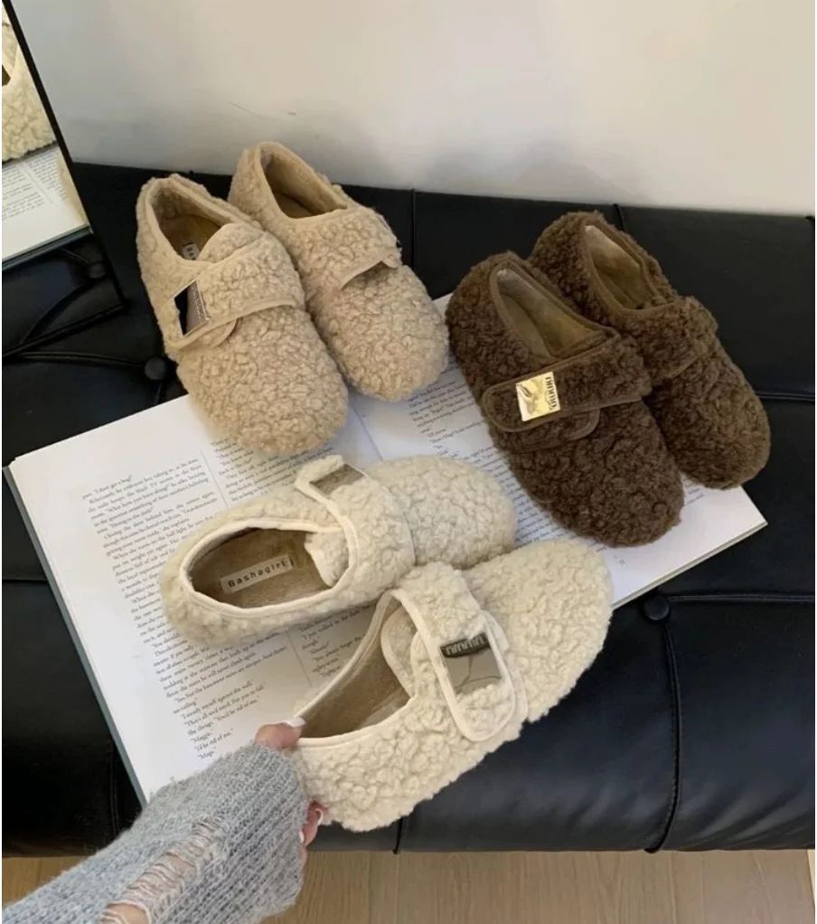 Women Shearling Flats Furry Lambswool Mocasines Mujer Warm Cotton Shoes Ladies Slip On Sheep Fur Lined Casaul Loafers Winter