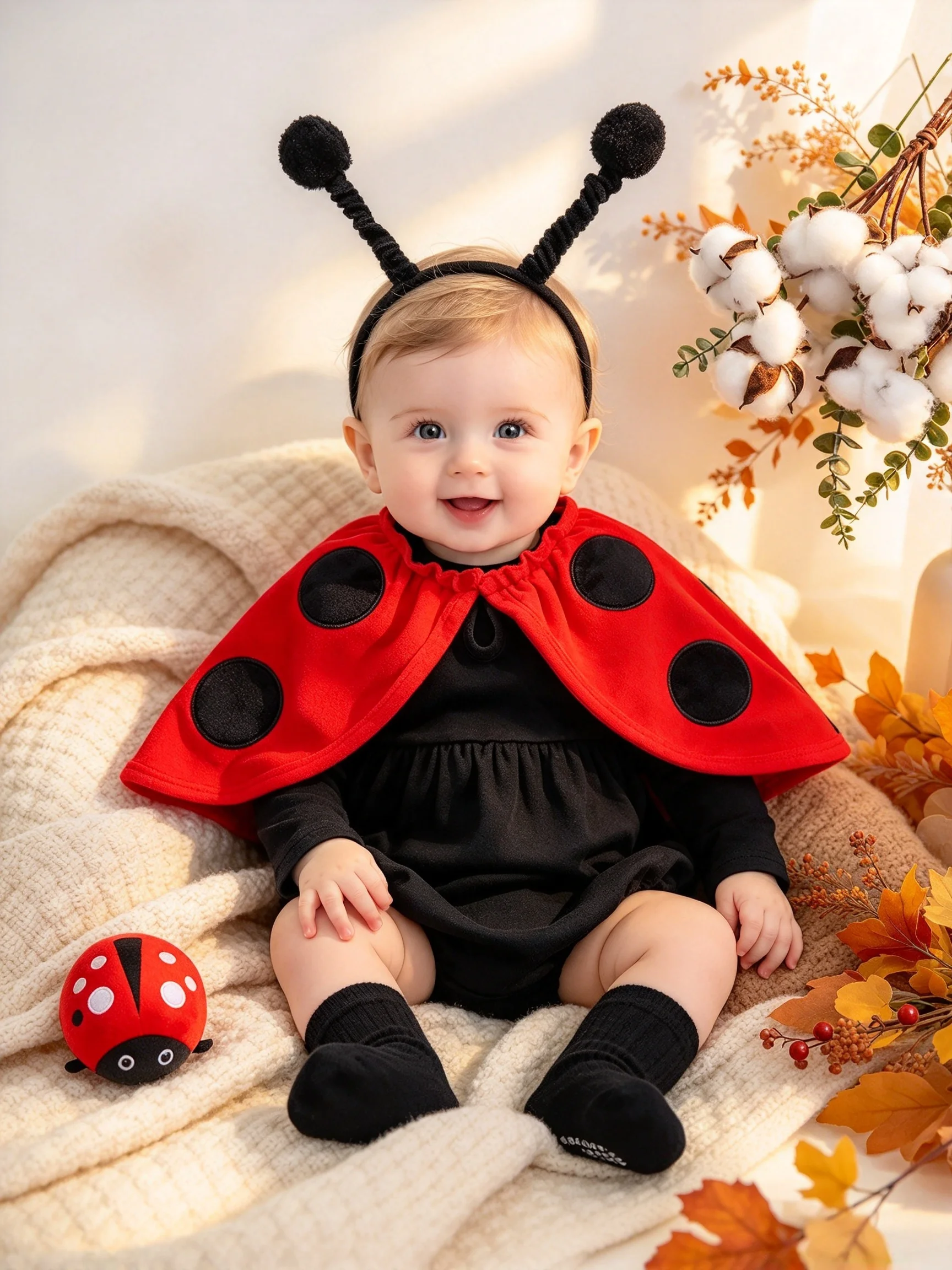 Baby Ladybug Romper with Cape & Ant Headband Set Infant Cosplay Bodysuit Photo Outfit 1-18M