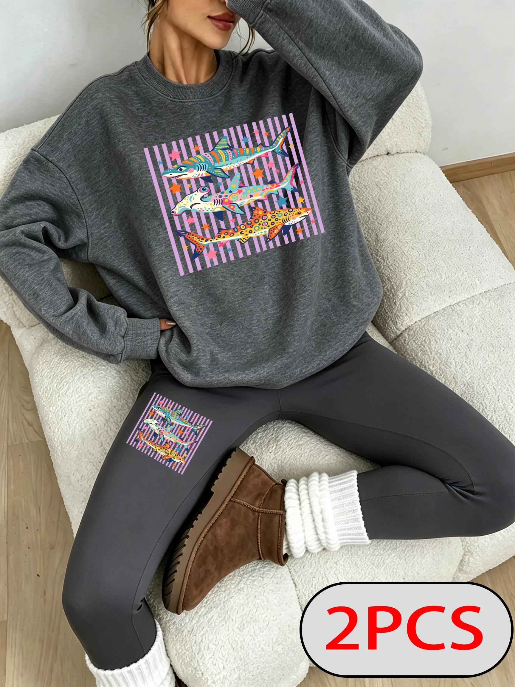 Colorful Psychedelic Sharks Stars Ocean Print Women Sweatshirt Set Casual Pants Warm Autumn Leggings Y2K Fleece O-Neck Pullover - view 2