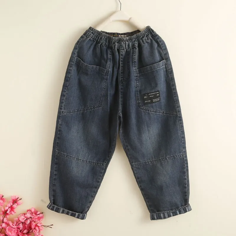 

2023 Spring Summer New Arts Style Women Elastic Waist Cotton Denim Harem Pants All-matched Casual Vintage Blue Loose Jeans C873