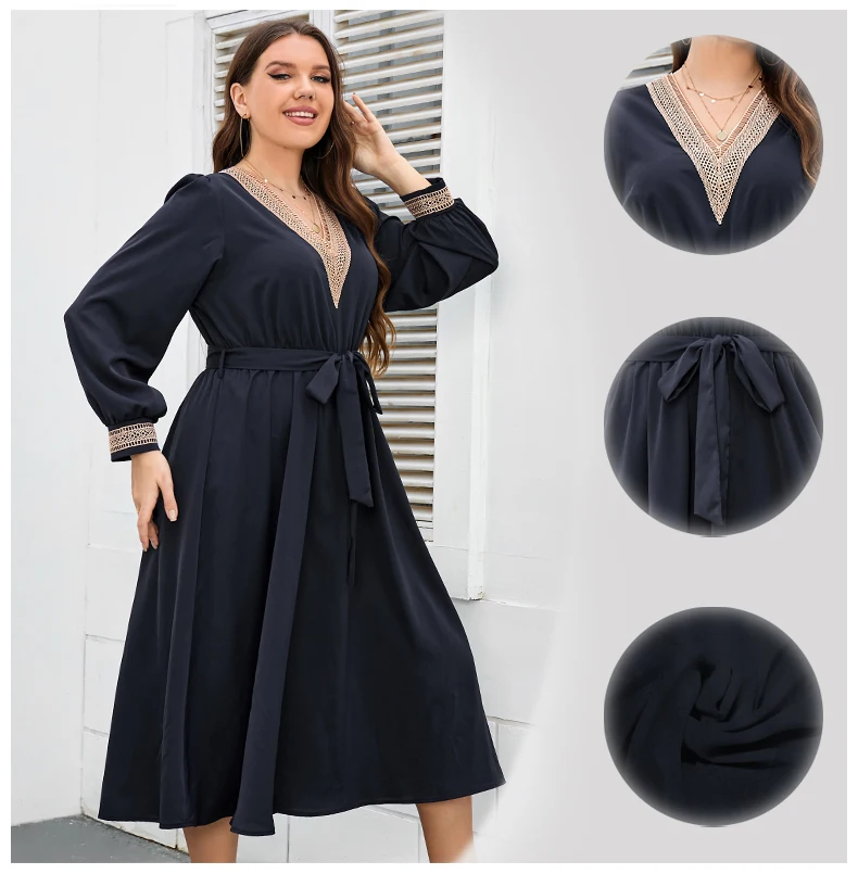 Ubranie Plus Size miejskie biuro z dekoltem w szpic rękaw w stylu Bishop damskie z paskiem wiosenno-jesienne eleganckie Maxi w stylu Casual sukienki