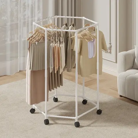 Hexagon Rotating Floor Clothes Rack Dormitory Coat Hanger Stand Indoor Drying Rack Movable Garment Organizer Hat Stand