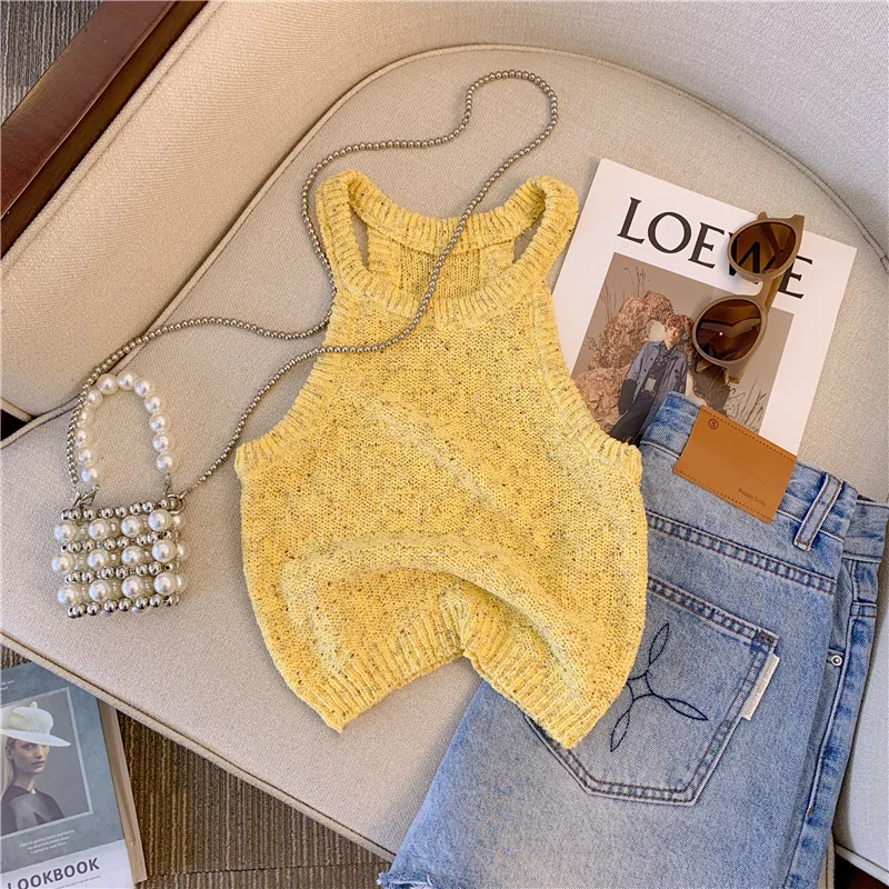 2024 New Summer Women Sleeveless Short Knitted T-Shirt Stretchy Camisole Tees Halter Collar Tank Crop Tops For Female