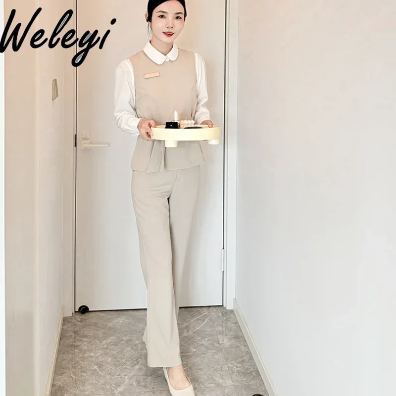 

Korean Professional Work Pants Suit 3 Pieces Set Ladies Jewelry Store Women Outfit Autumn Beautician Shopping Guide Overalls