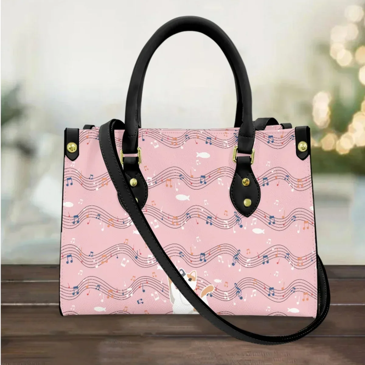 Musical Notation Staff Printed Handbag Cartoon Cat Top-Handle PU Leather Shoulder Bag Ladies Street Trend Fashion Messenger Bag