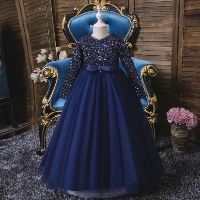 Fashion Glitter Flower Girl Dresses for Weddings Long Sleeve Kids Clothes Girls Dresses  Spring & Autumn Girls Party Dresses