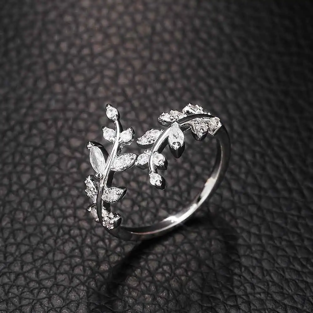 Fancy Leaf Design Adjustable Ring for Women | Sparkling Cubic Zirconia Olive Ring | Daily & Party Wear Fashion Jewelry