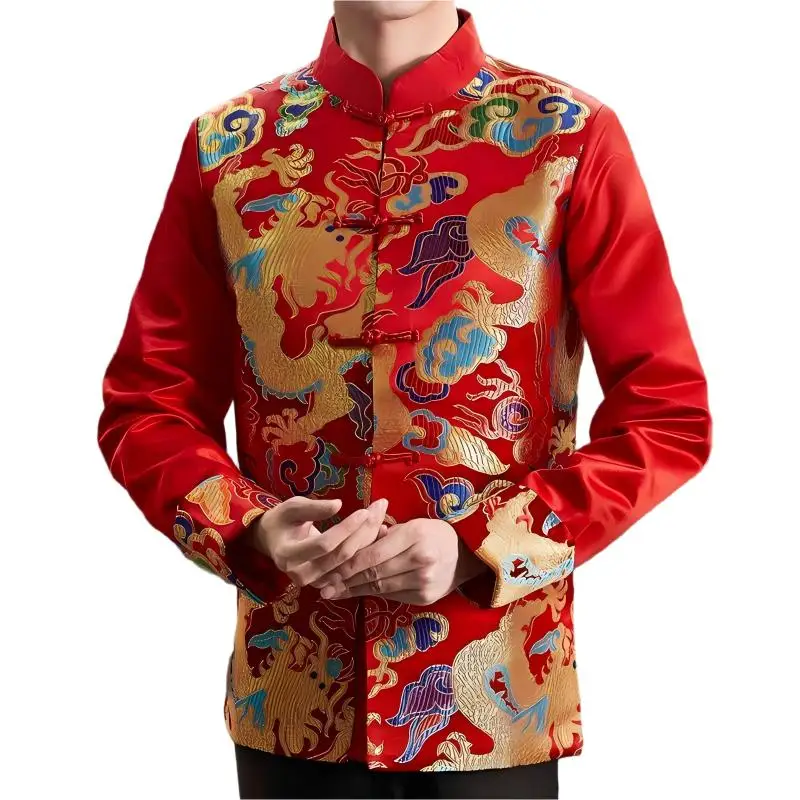 Traditional Chinese Style Men Red Wedding Coat Stand Collar Satin Tunic Suit Jacket Golden Dragon Jacquard Bridegroom Coat Loose